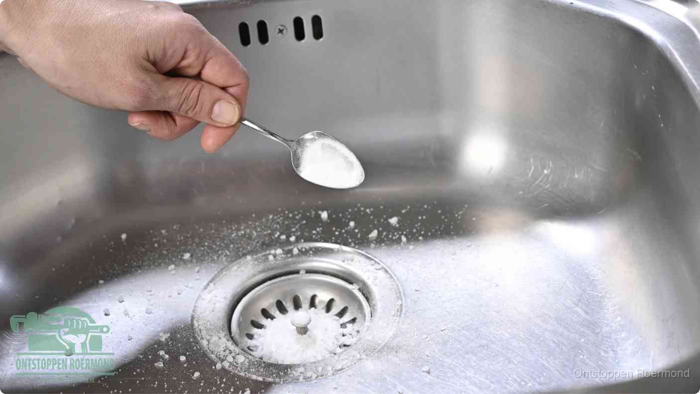 Een hand strooit met een lepel soda in de afvoer van een roestvrijstalen spoelbak, de soda en azijn huismiddel-methode om de afvoer te ontstoppen in Roermond