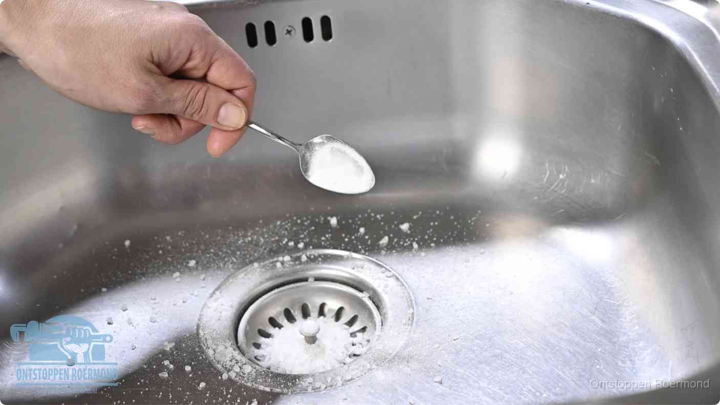 Een hand strooit met een lepel soda in het afvoerputje van een rvs spoelbak, de soda en azijn huismiddel-methode in Roermond